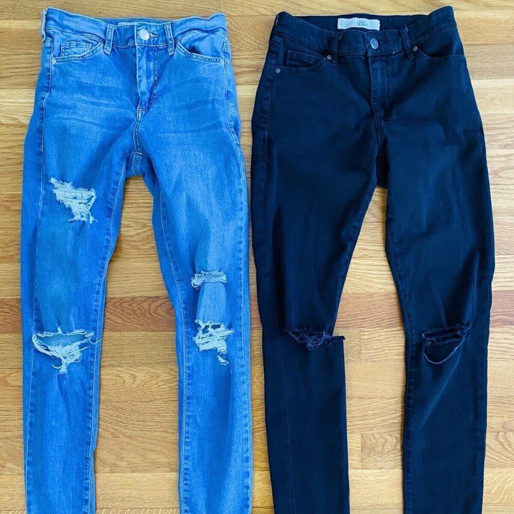 Top Shop Moto Leigh Two Pairs Jeans Black and Light Wash Ripped Jeans, 25 x 32